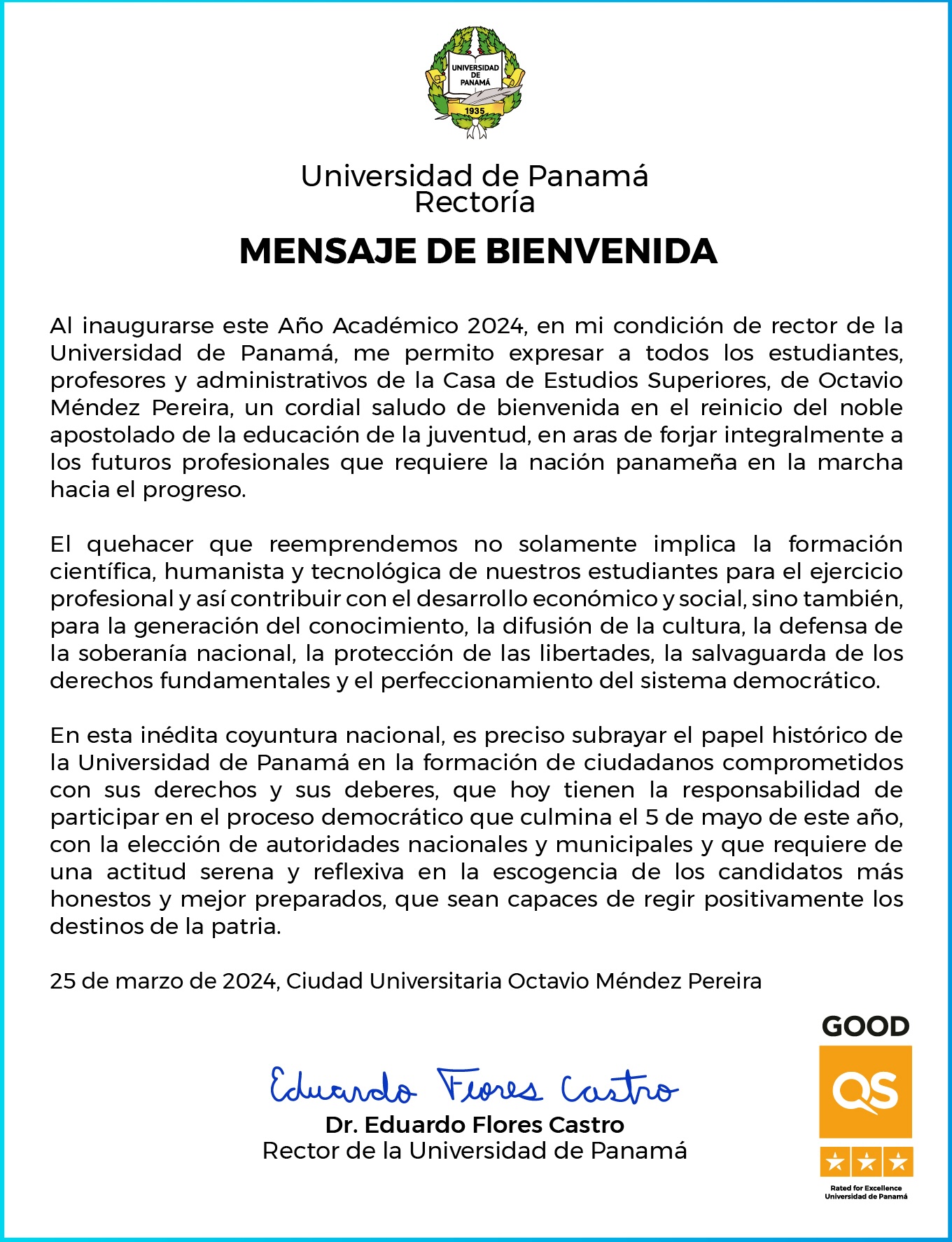 Mensaje Bienvendia Rector 2024